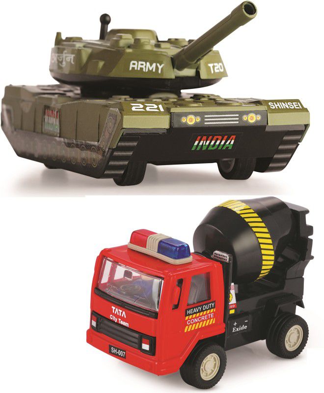 DEALbindaas Combo of Cement Mixer & Army Battle Tank Pull Back Die-Cast Scaled Model Toy  (Multicolor, Pack of: 2)