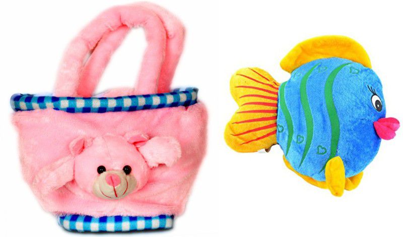 Deals India pink teddy bag and Multicolor fish combo (20 cm ) - 20 cm  (Multicolor)