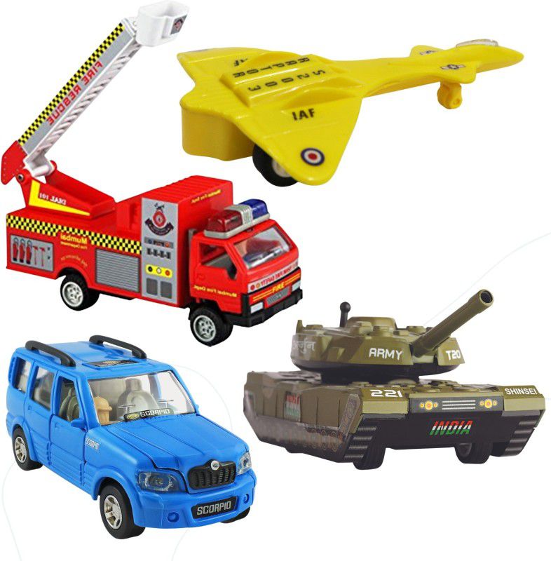 DEALbindaas Combo of Scorpio, Fire Brigade, Battle Tank & Raptor PullBack Die-Cast Model Toy  (Multicolor, Pack of: 4)