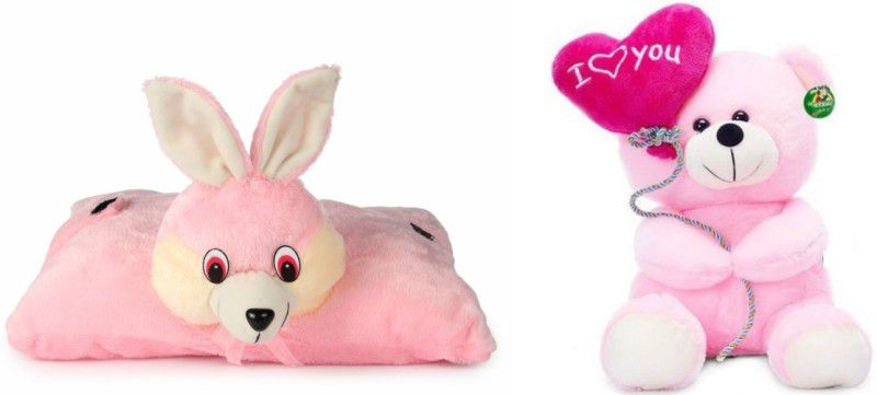 Deals India Deals India I Love You Balloon Heart Teddy Pink 20 cm and Folding Bunny Pillow (38 cm) combo - 20 cm  (Multicolor)