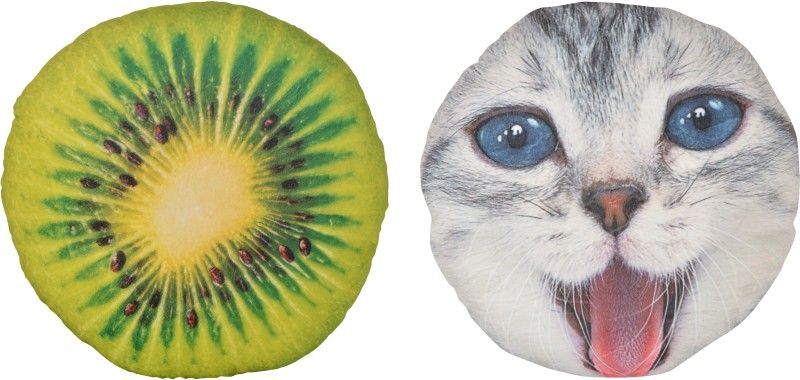 Deals India 3D Creative Plus Squishy Fruit pillow Back Cushion - kiwi (35 cm) and Animal 3D print cushion - Cat (35 cm) set of 2 - 35 cm  (Multicolor)