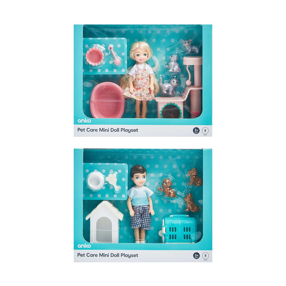 8 Piece Pet Care Mini Doll Playset - Assorted