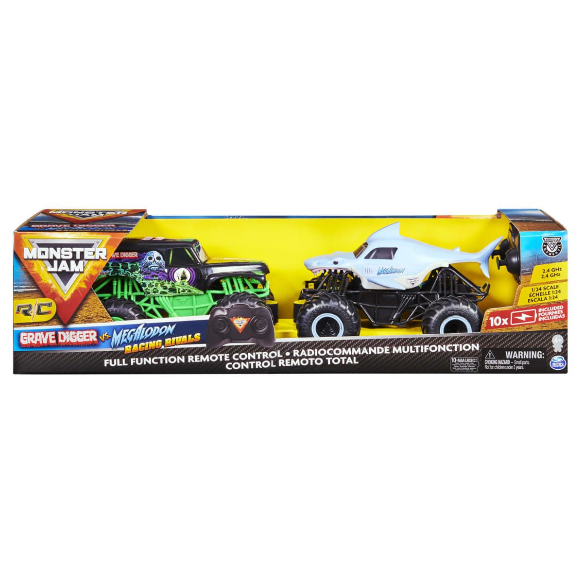 2 Pack Monster Jam Full Function Remote Control 2.4GHz Grave Digger vs Megalodon Racing Rivals