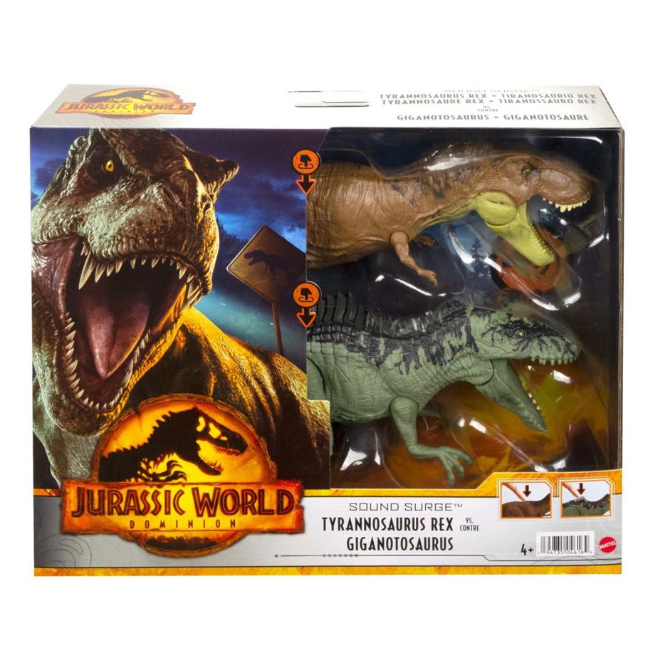 2 Pack Jurassic World: Dominion Sound Surge Tyrannosaurus Rex vs Giganotosaurus Dinosaur Figure
