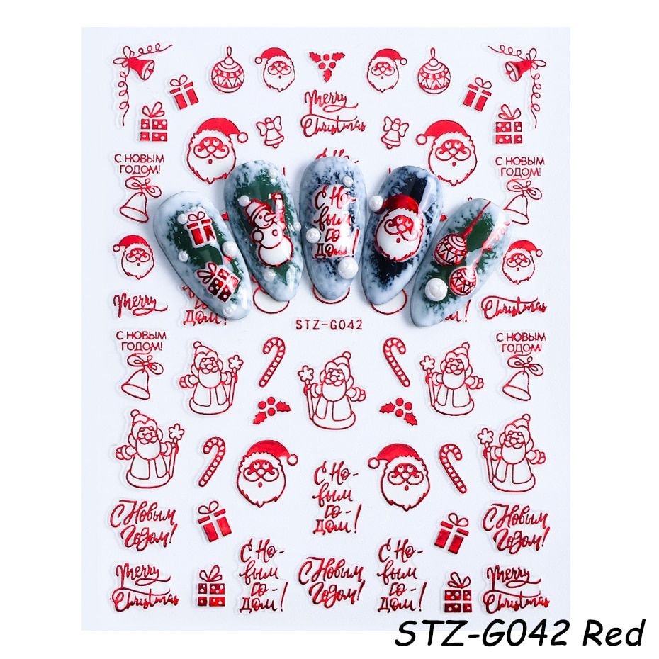 Christmas Nail Sticker 3D Red Gold Self-Adhesive Sliders Laser Snowflake Elk Santa Snowman Nail Art Decorations SASTZG041-049-2