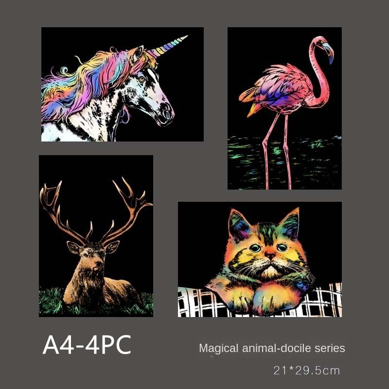21*29cm 4PC Animal Night Scene Scratch Paintings Card Lion Wolf Cat Kids decompression Handmade DIY Gifts Creative Drawing Toys
