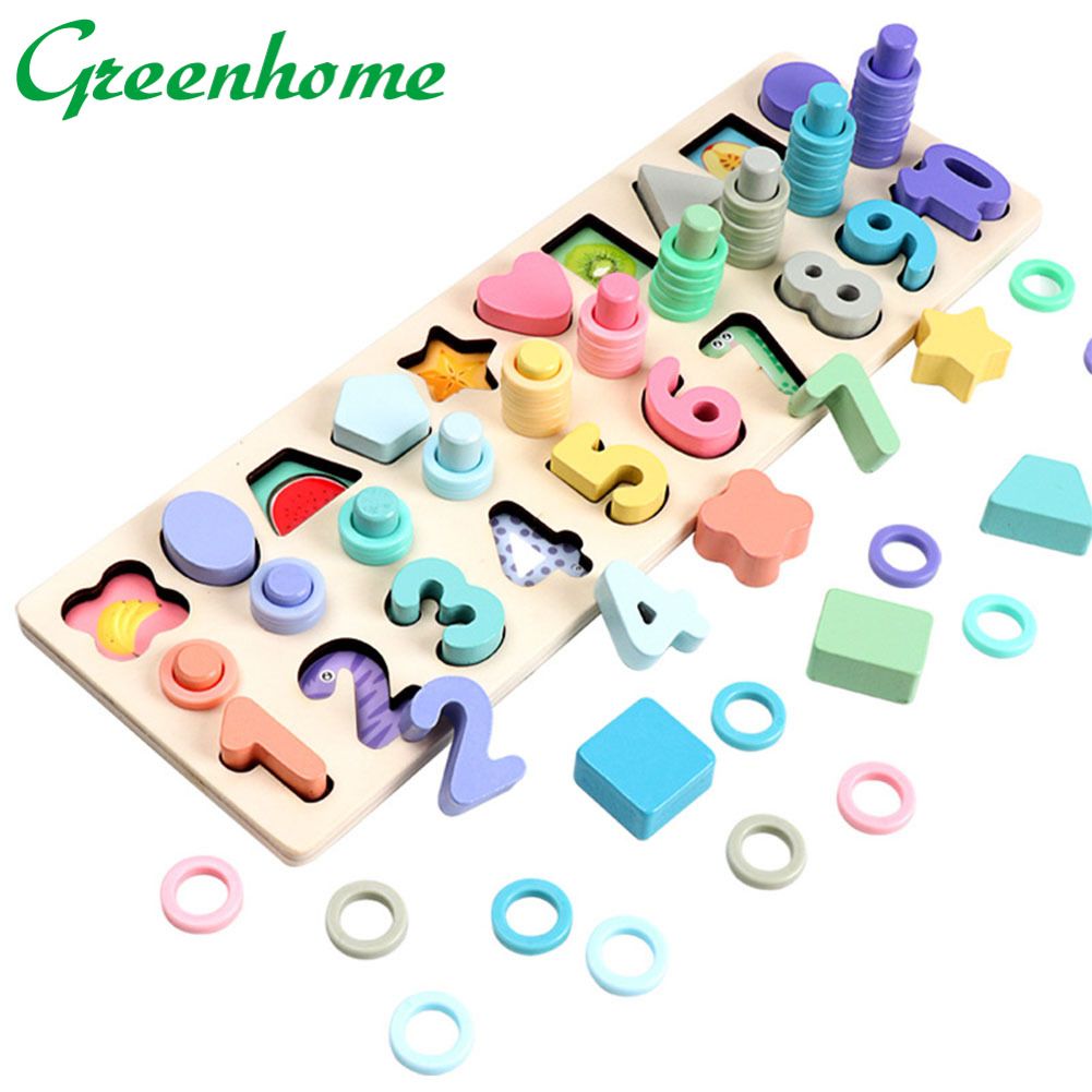 Greenhome 3 in 1 Wooden Puzzle Stacking Board Color Shape Matching Education Kids Toy