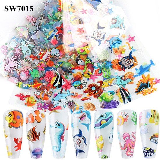 10pcs Ocean Nail Art Transfer Foils Holographic Animal Fish Decal Stickers Adhesive Wraps Slider Nail Decor Accessories NTSW7015