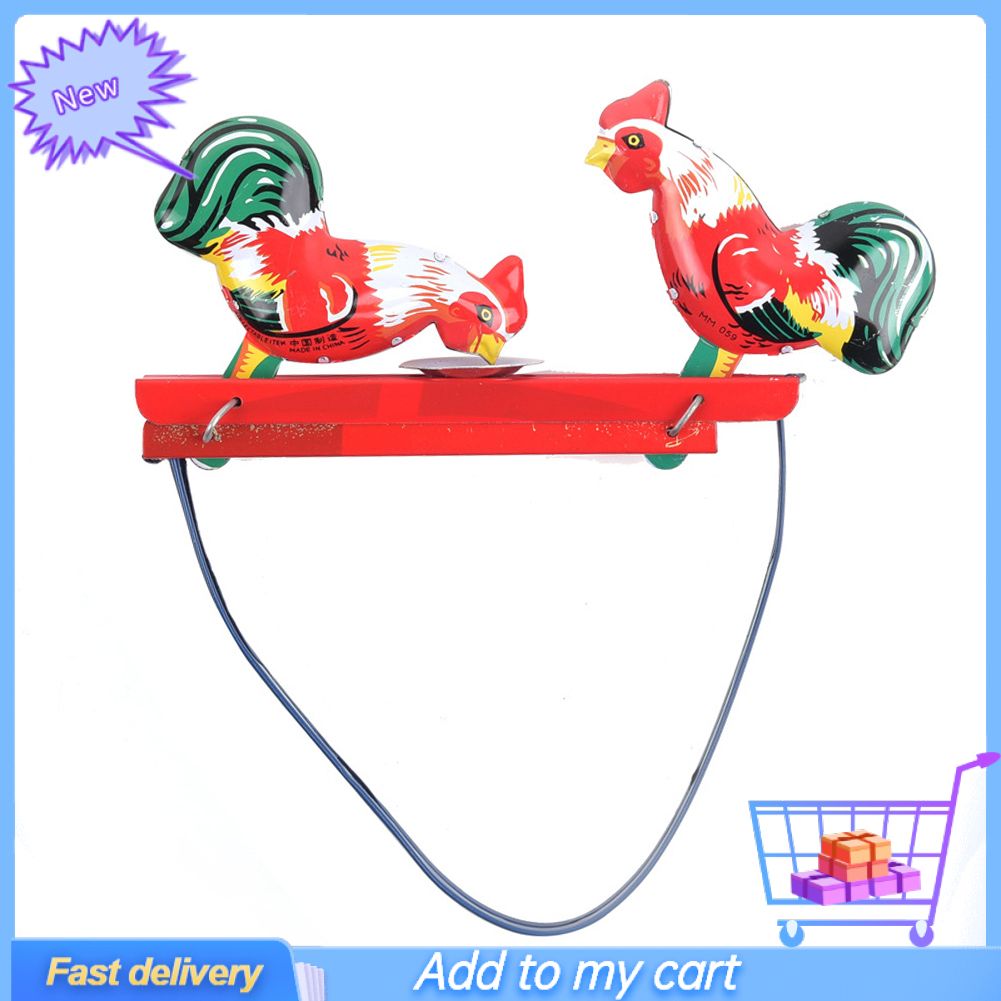 Vintage Iron Wind-up Cartoon Cock Rooster Pecking Rice Toy Classic Kids Gift