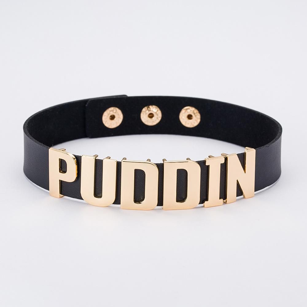 Clown female alloy Toys Games collar PUDDIN leather necklace - Black collar button