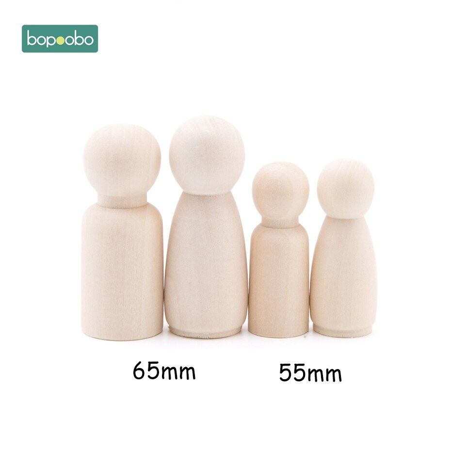 Bopoobo 4pc Wood People Different Size Natural Unfinished Ramp Preparation Paint or Stained Wooden Family Wood Peg Dolls Block
