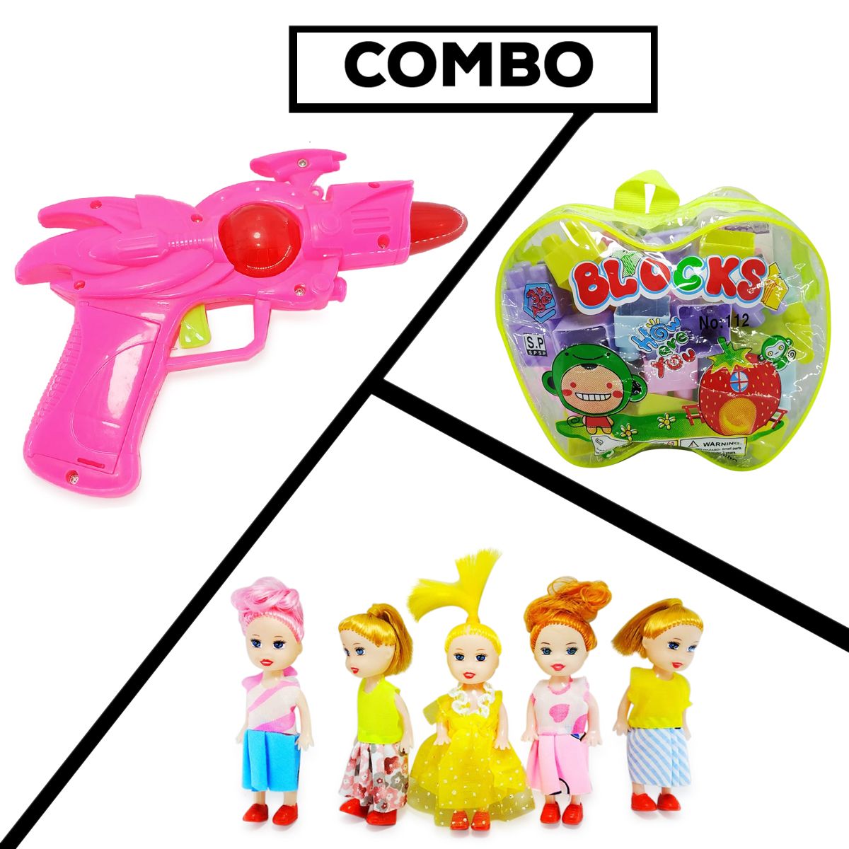 NERF TOY MUSIC GUN WITH BUILDING BLOCKS & 5PCS OF MINI BARBIES COMBO PACK FOR YOUR KIDS