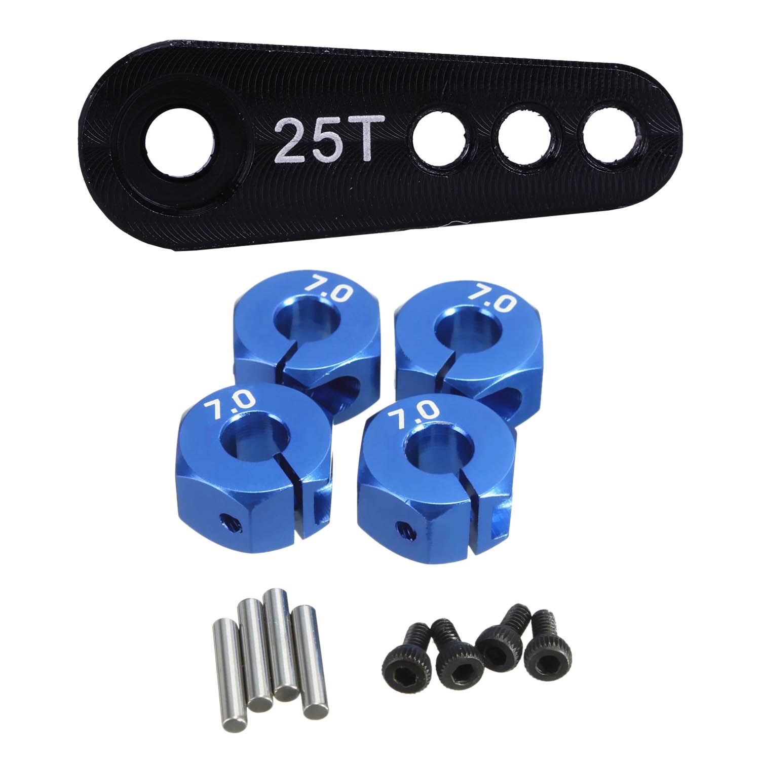 1Pcs 28.5Mm 25T Teeth Tooth Steering Half Servo Arm Horn for 1/10 Rc Car Black & 1 Set Rc Blue Aluminum 7.0 Wheel Hex 12Mm Drive with Pins Screws 4P Hsp Hpi Tamiya Ca