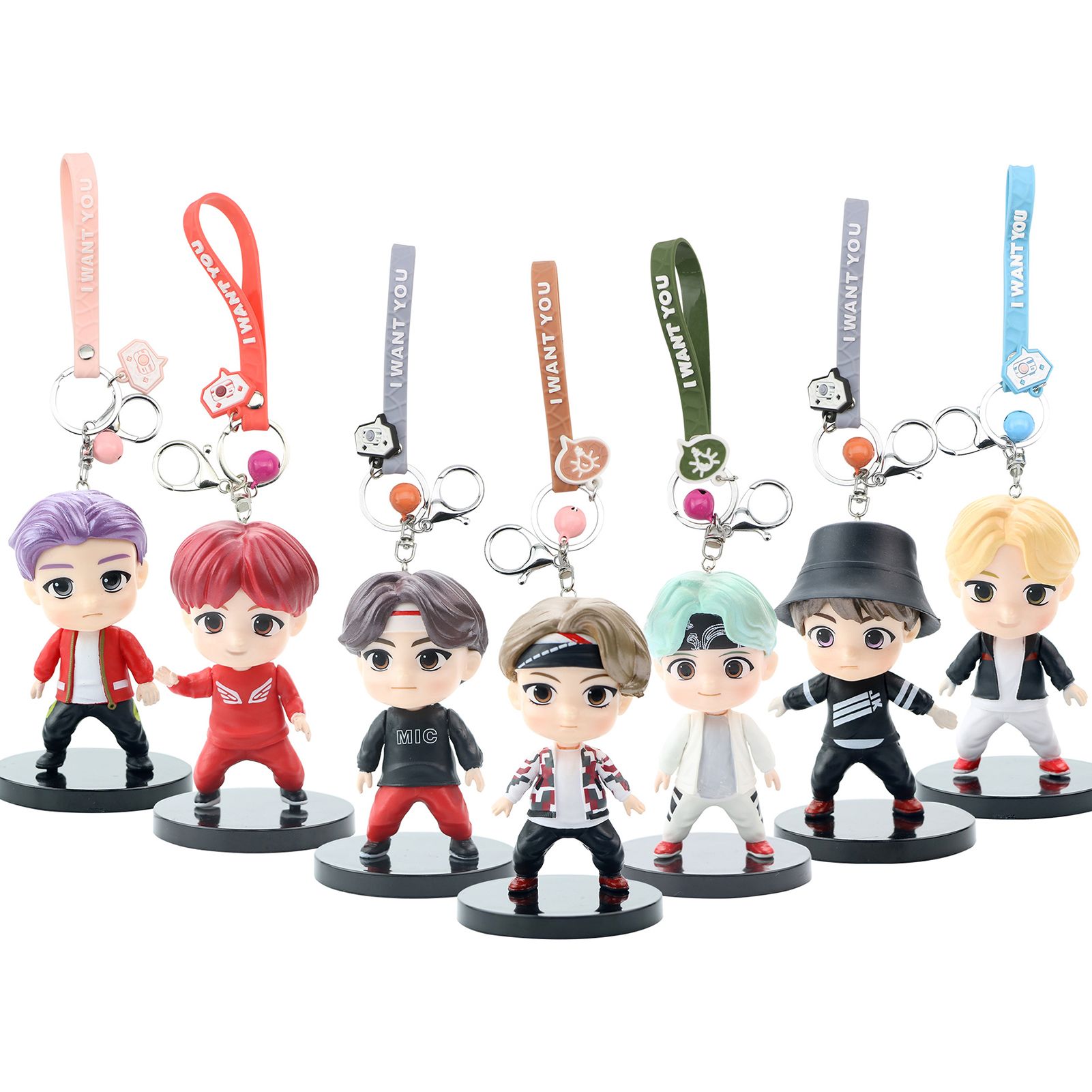 7Pcs/Set BTS Bangton Boys Figurine Bell Keyring Lanyard Key Holders Bag Decor