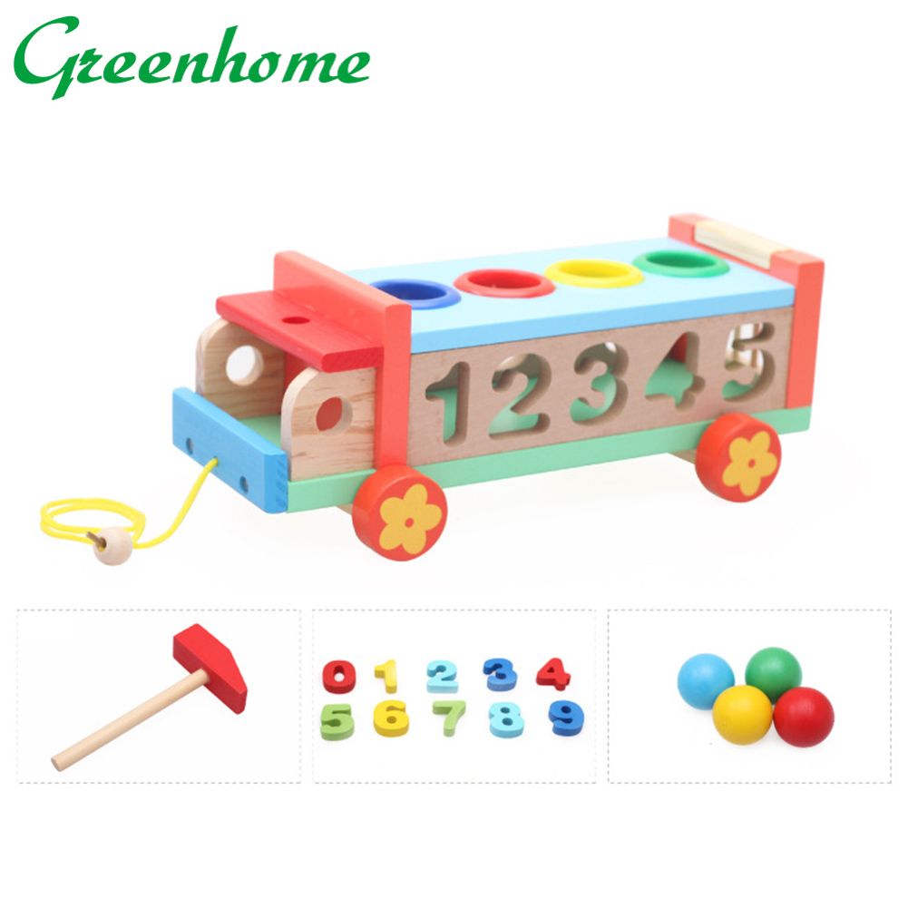 Greenhome Wooden Knocking Blocks Pull Along Car Number Color Pairing Education Kids Toy