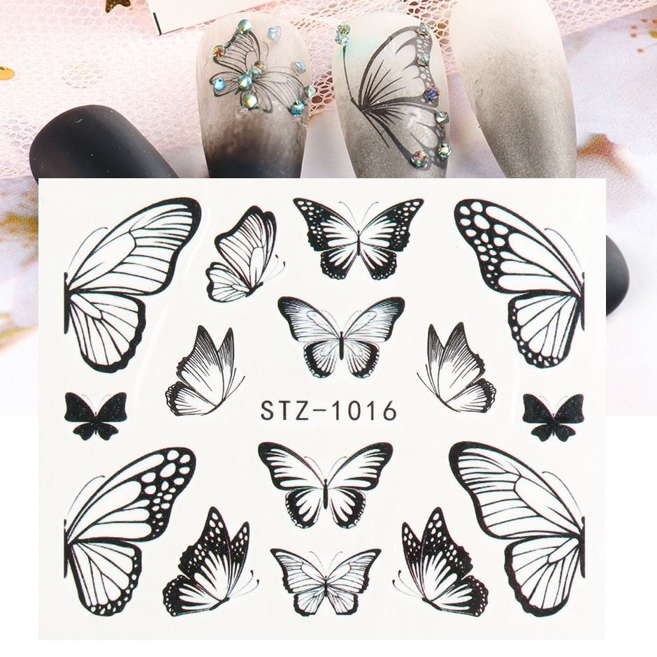 Butterfly Black Stickers For Nails Spring Summer Floral Nail Design Sticker For Manicure Water Transfer Wrap Decor LESTZ982-1017