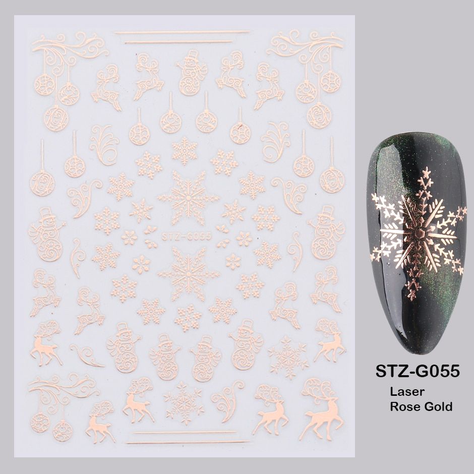 3D Rose Gold Holographic Sticker for Nails Christmas Slider Set Snowflake Elk Sparkly Decals Nail Decor Manicure CHSTZG050-058-1