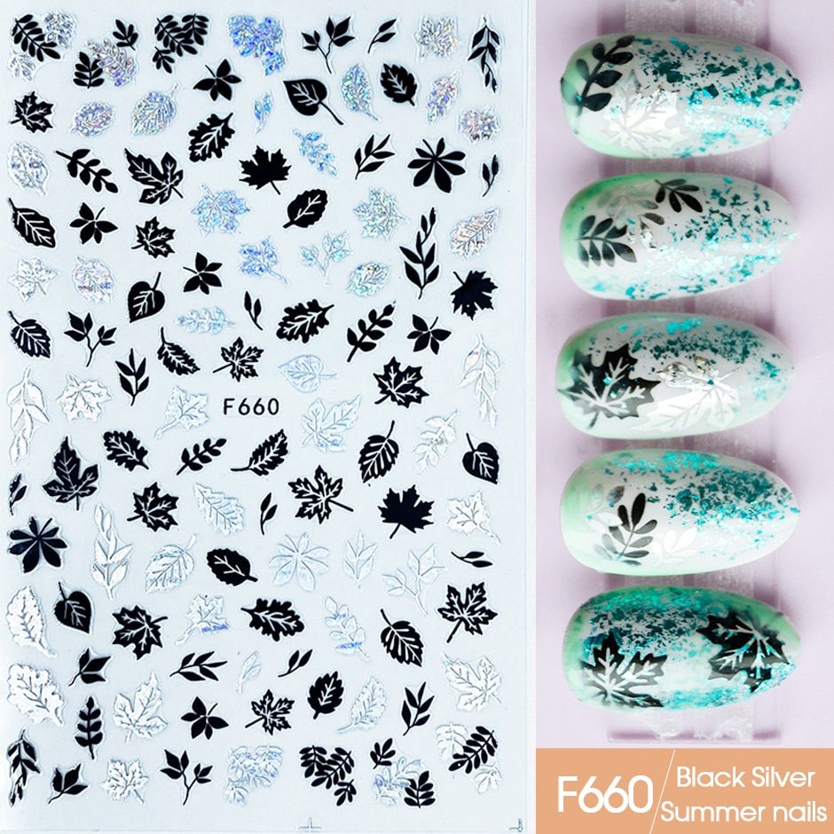 Flower Leaf Nail Art Stickers Decal 3D Adhesive Silver Inscriptions Nail Design Laser Transfer Paper Nail Manicure LEF654-661-1
