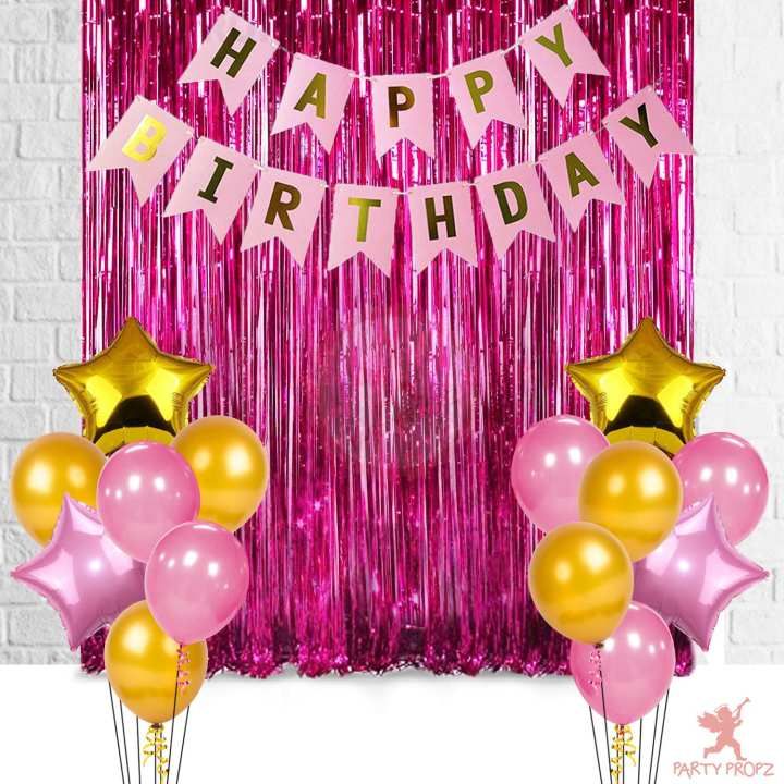 Happy Birthday Foil Curtain, Banner and Balloons Decoration Items Combo for Birthday Supplies (17pcs Set)