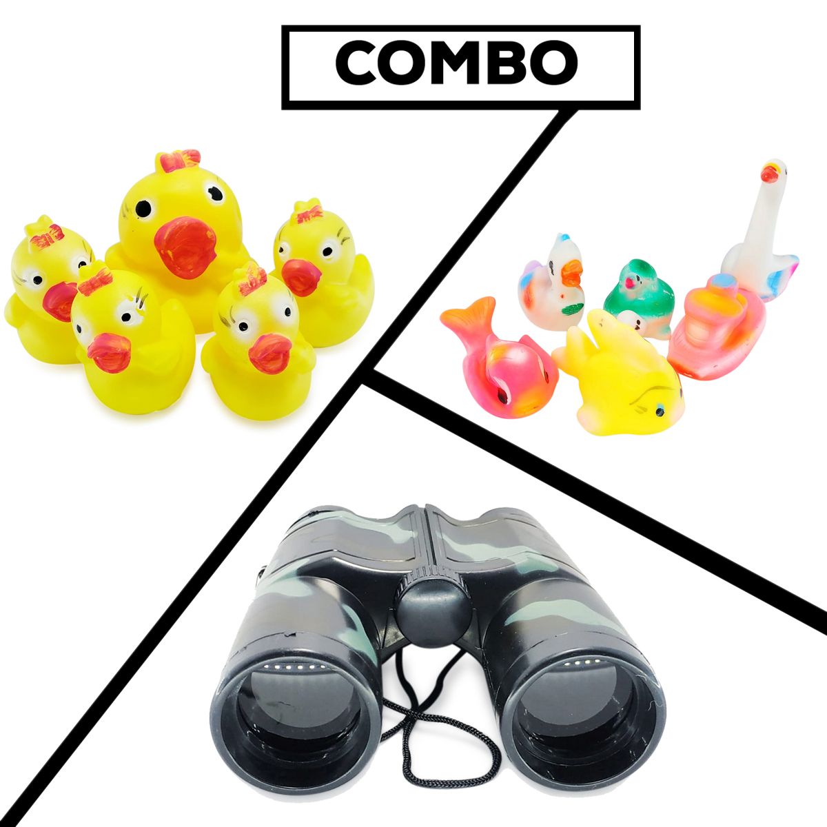 DUCKS TOY SET WITH SQUIZING RUBBER TOYS & ACTION BINOCULAR TOYS SET COMBO PACK FOR YOUR KIDS