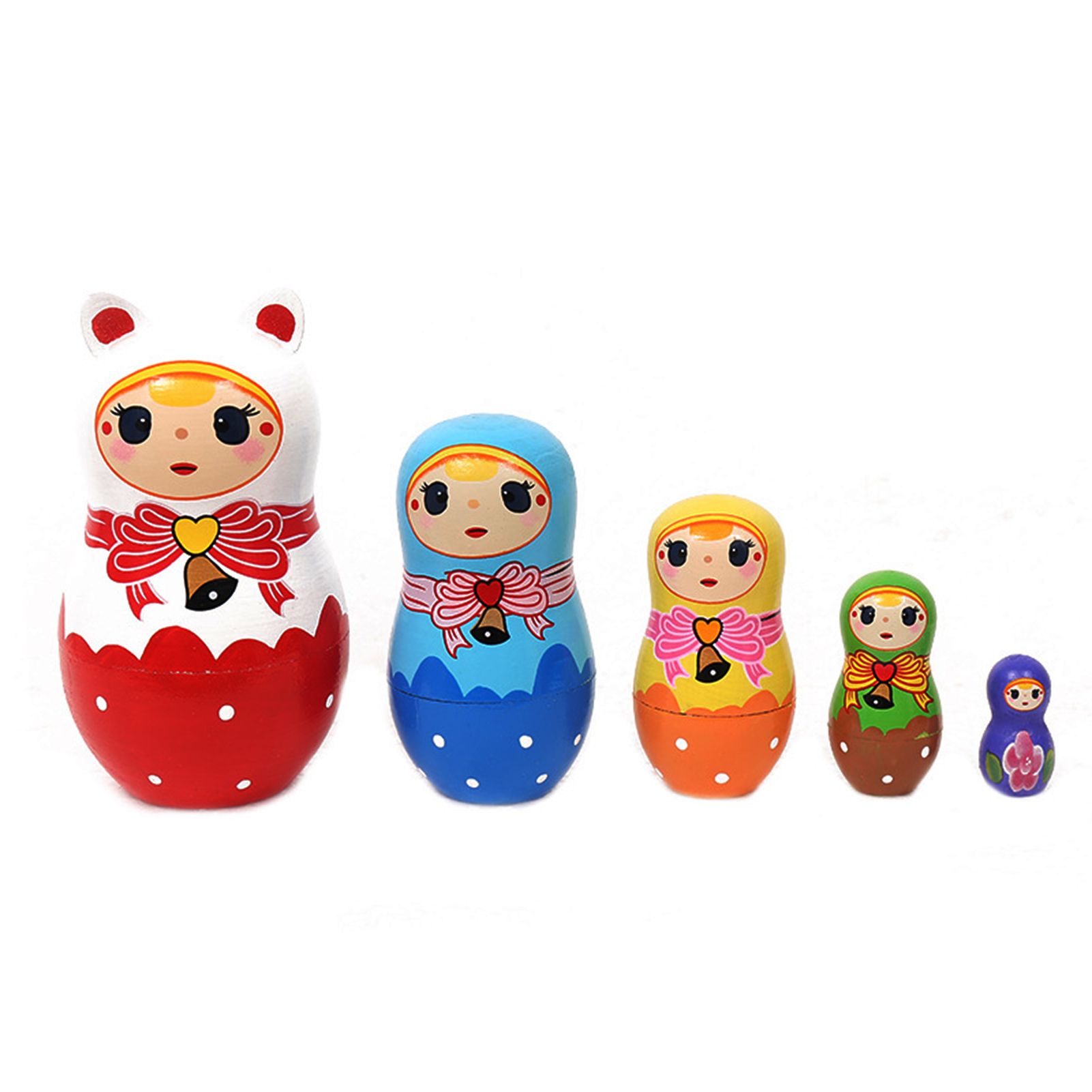 5Pcs/Set Wooden Bow-Knot Bell Flower Girl Nesting Doll Matryoshka Figurines Toy