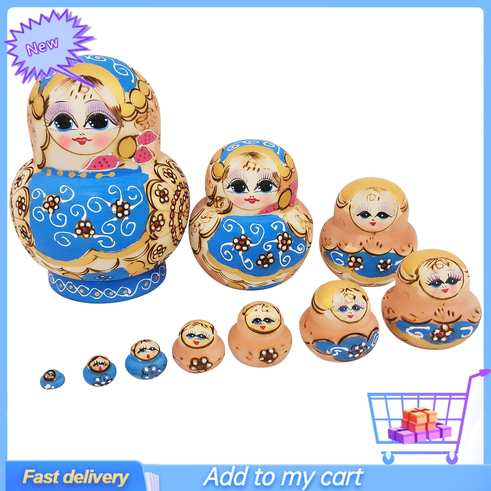 1 Set Ten-layer Russian Matrioska Toy Lightweight Three Flowers Cartoon Girl Face Nesting Dolls for Decoration