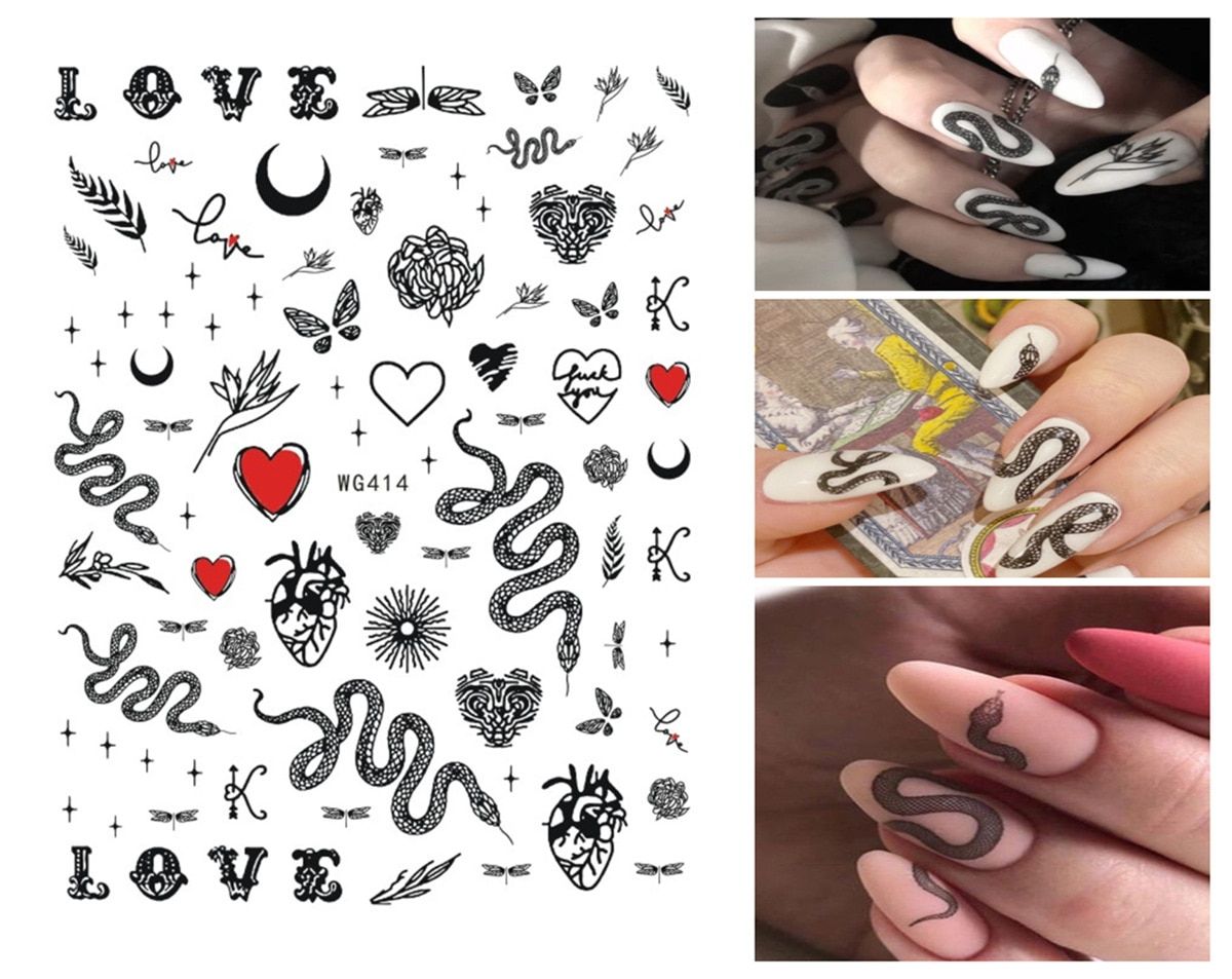 Nail Sticker Snake  Dragon Butterfly Black Multicolor Decals Nail Art Tattoo Slider Water Transfer Letter Nails Art Decoration