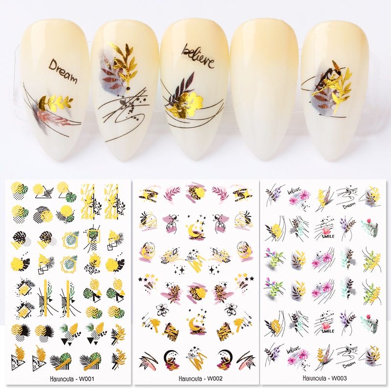 3PCS Water Transfer Gold Nail Stickers Summer Flower Leaves Water Decals Nail Foil Wraps DIY Nail Art Decoration
