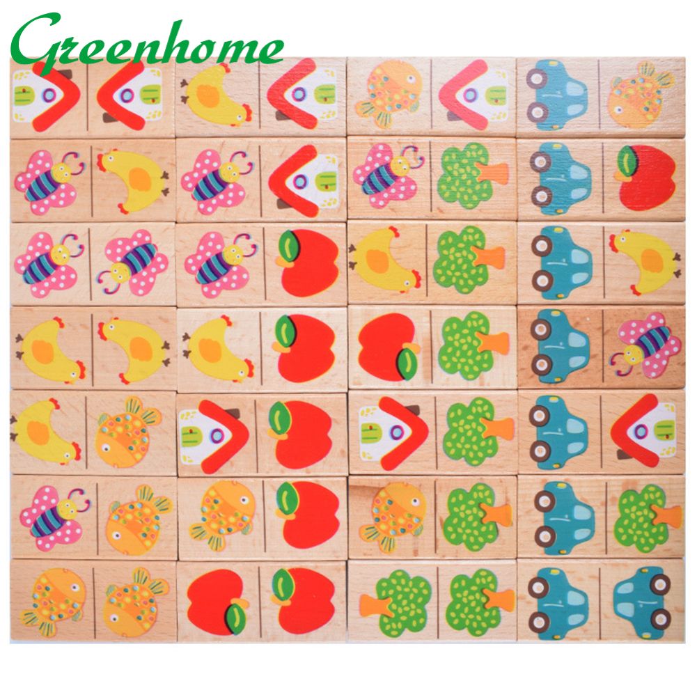 Greenhome 28Pcs/Set Wooden Fruit Car Pairing Domino Puzzle Blocks Children Educational Toy