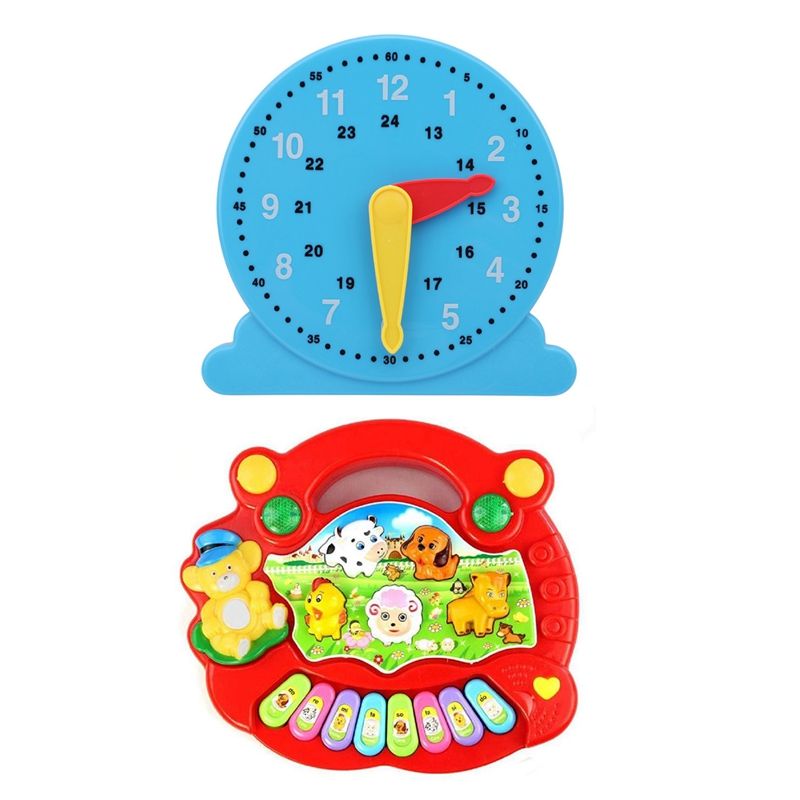 2Pcs Early Education Toys Plastic Model: 1Pcs Animal Farm Piano Music Toys & 1Pcs Cognition Clock Learn Time Clock Toys