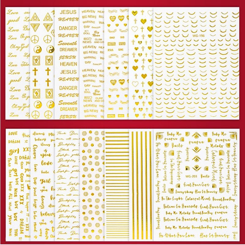 1Sheet 3D Water Decals Nail Art Stickers cross letter geometry gold color  Stickers for Nails Sticker Decorations Manicure Z041