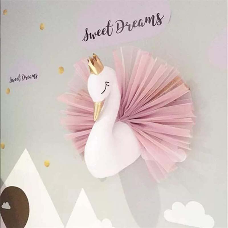 Baby Girl Room Decoration 3D Stuffed Animal Heads Elephant Swan Head Wall Hanging Decor For Nursery Children Bedroom Decoration