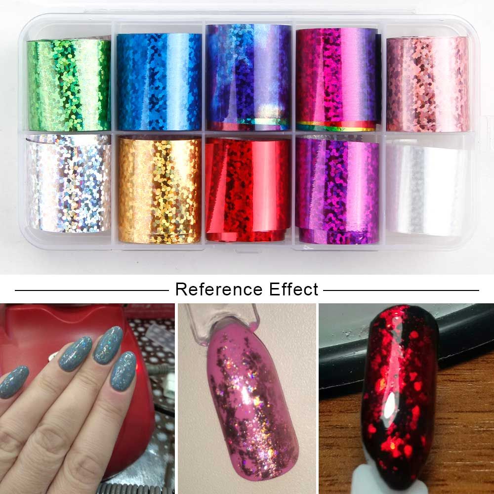 10 Rolls / Box Holographic Nail Foil Set 2.5*100cm Gradient Transparent AB Color Transfer Sticker Manicure Nail Art Decoration