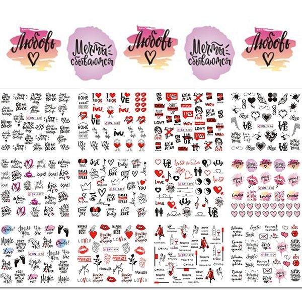12pcs Cute Cartoon Nail Stickers Water Decals Banana Fruit Set Foils Russian Letters Stickers Nail Designs Flowers Decorations