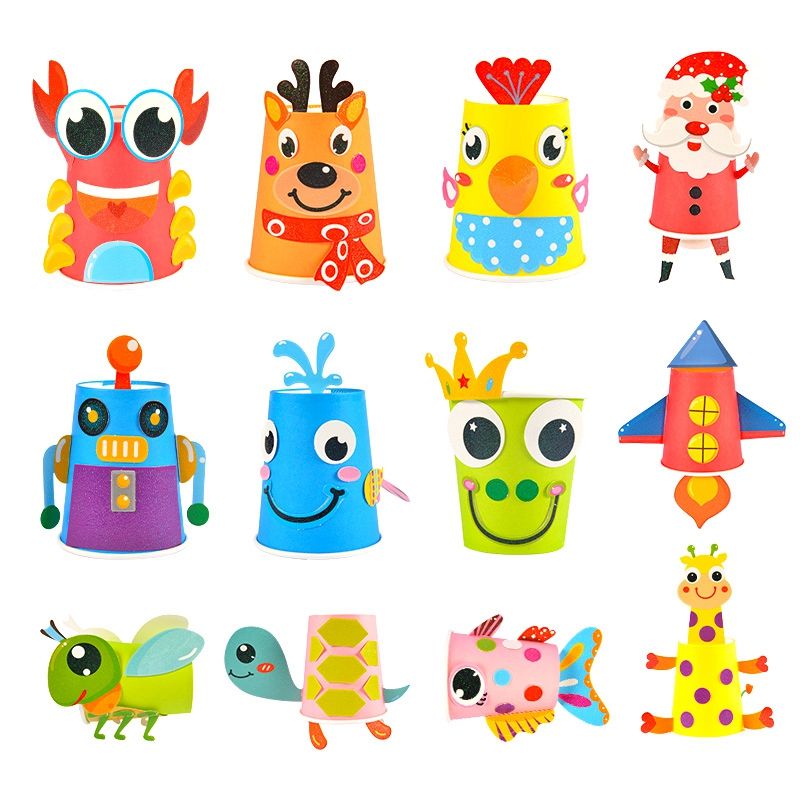 12Pcs Children 3D Diy Handmade Paper Cups Sticker Material Kit Whole Set Kids Kindergarten School Art Craft Educational Toys
