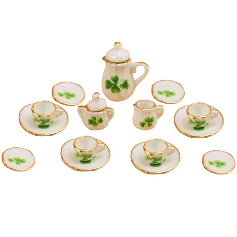 15Pcs/Set Dollhouse Miniature Ceramic Floral Tea Pot Cup Saucers Tableware Toy