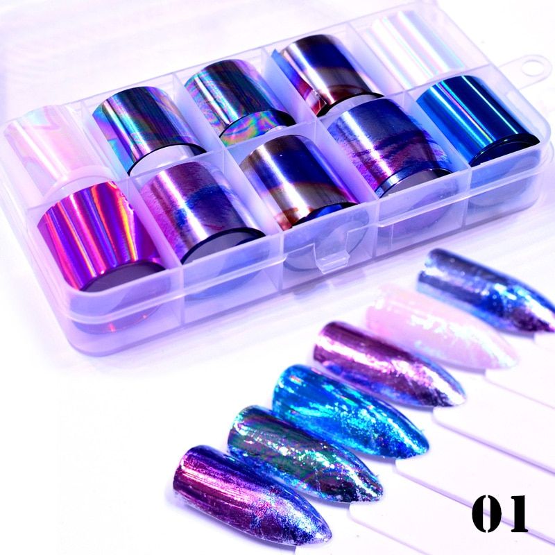 LCJ 10 PCS Nail Foil Sticker Set Holographic Starry Sky Adhesive Wraps Transfer Paper Marble Shining Nail Art Decal Gel Slider