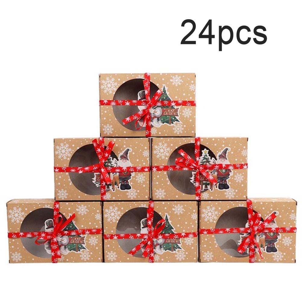 24Pcs New Year Favors Kraft Paper Christ Cookie Gift Boxes with Clear Window