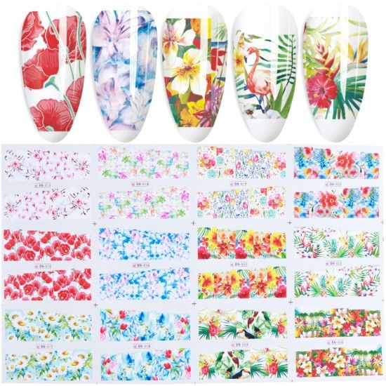 12pcs Blooming Flowers Nail Stickers Decals Rose Leaves Water Transfer Sliders Full Wraps Nail Art Foils Manicure TRBN1081-1192