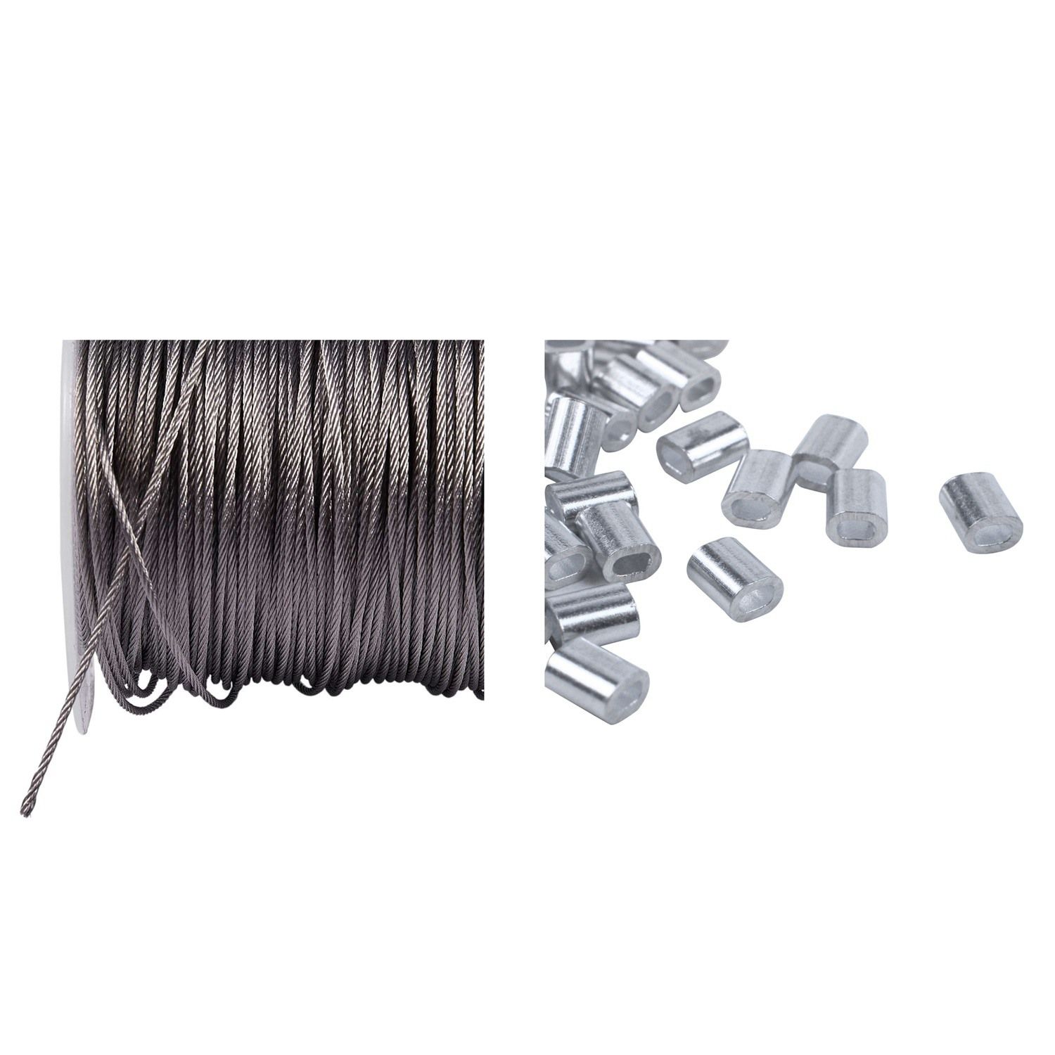 100 Pcs 1mm Steel Wire Rope Aluminum Ferrules Sleeves Silver Tone & 1x Hoisting Lifting 7X7 1mm Dia Stainless Steel Flexible Wire Rope 177Ft