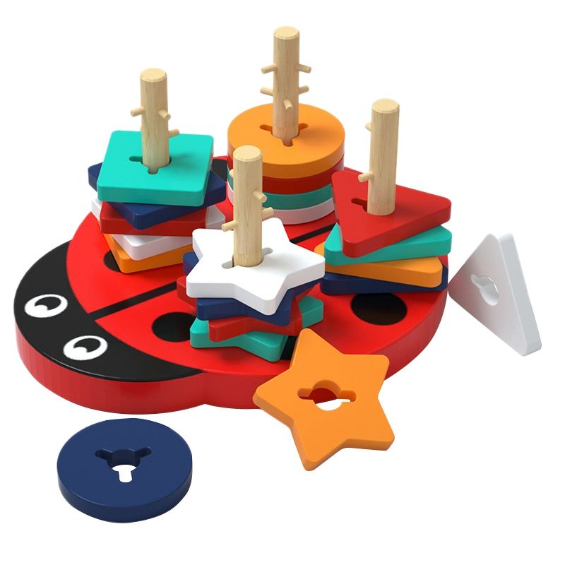 Wooden Geometric Shape Four Column Beetle Pattern Matching Game Kids Early Educational Learning Toys
