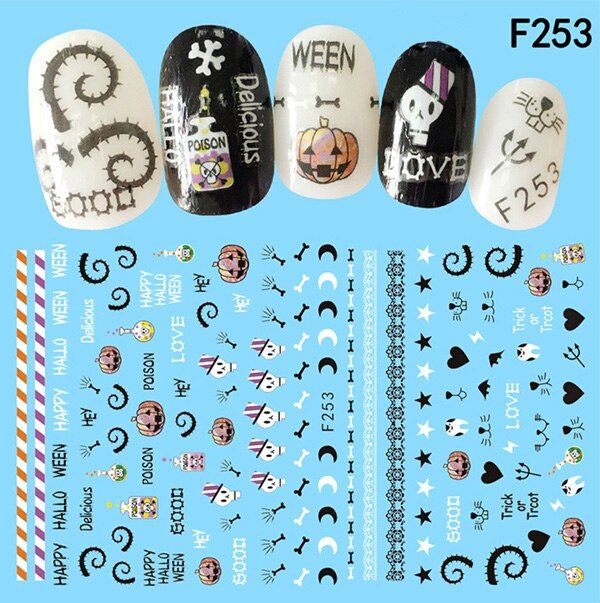 1 sheet Halloween Nail Art Stickers Skull Pumpkin Design 3d Water Transfer Adhesive Decals Decorations DIY Manicure Accessory