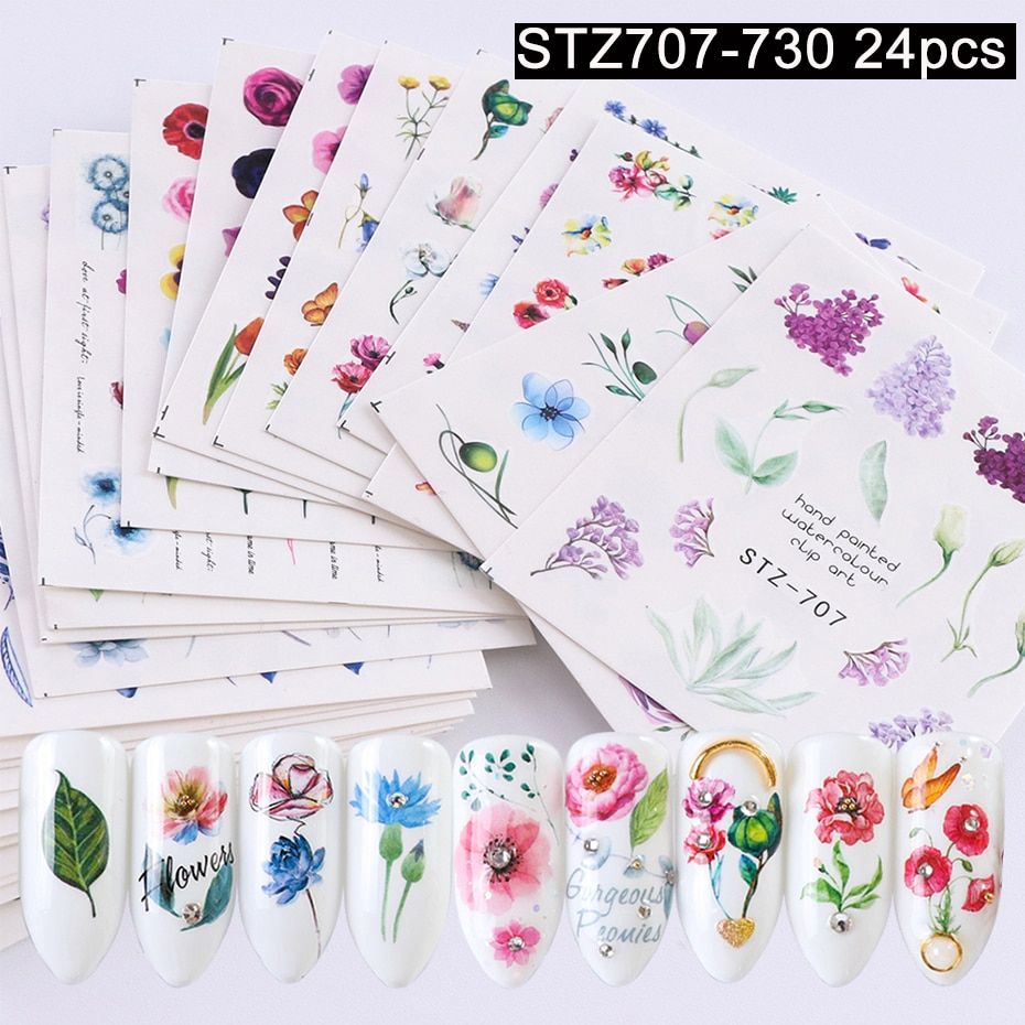 24pcs Embossed Blossom Flower Nail Water Transfer Sticker Rose Leaf Decal Summer Nail Art Decoration Manicure SASTZ922-957