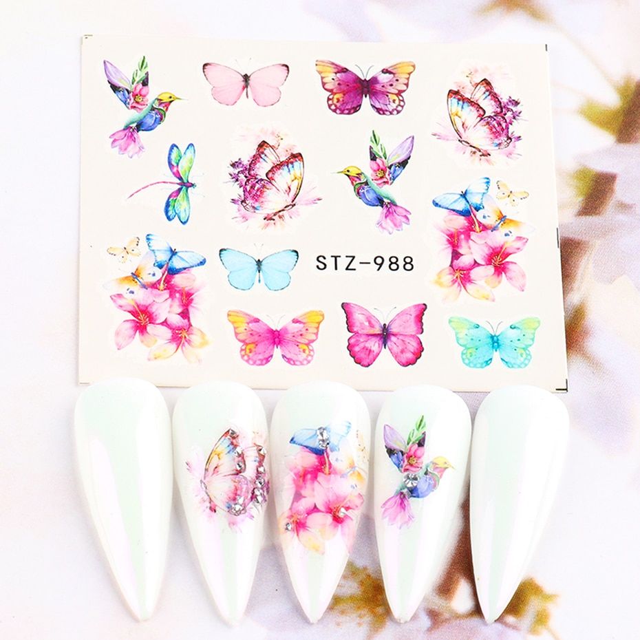 Butterfly Flower Leaf Nail Sticker Full Wrap Water Transfer Decal Bloom Rose Floral Cartoon Cat Nail Decoration SASTZ970-993
