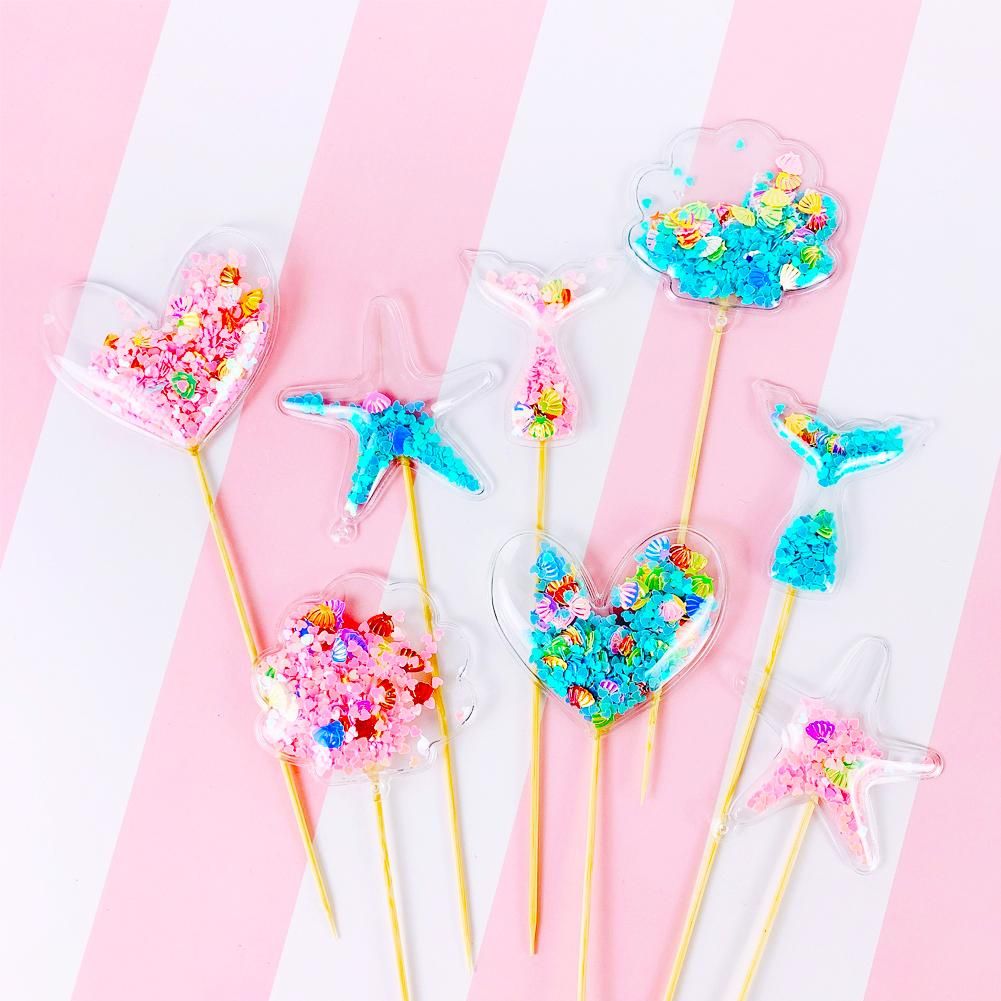 Mermaid Theme Transparent Sequin Cake Topper Baby Shower Birthday DIY Cake Top Flags Decoration Cupcake Topper Party Supplies