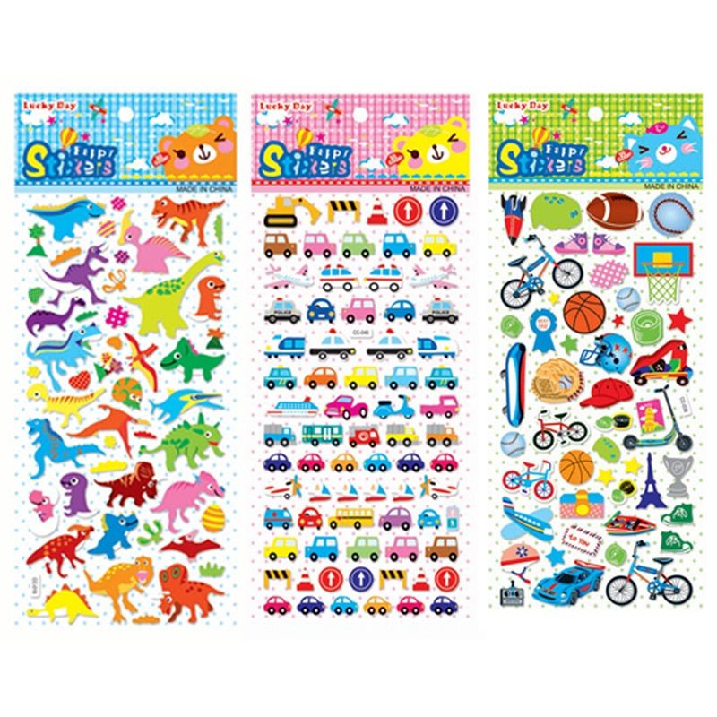 3 sheets/set kids cartoon animal car butterfly stickers for boy girl 3D kawaii bubble sticker toy laptop DIY decoration