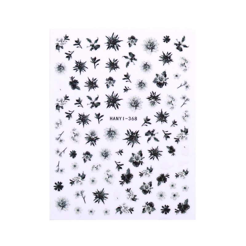 Black Ink Flower 3D Nail Sticker Romantic Painting Semi-transparent Adhesive Nail Art Transfer Decal Flower Series Nail  Sticker