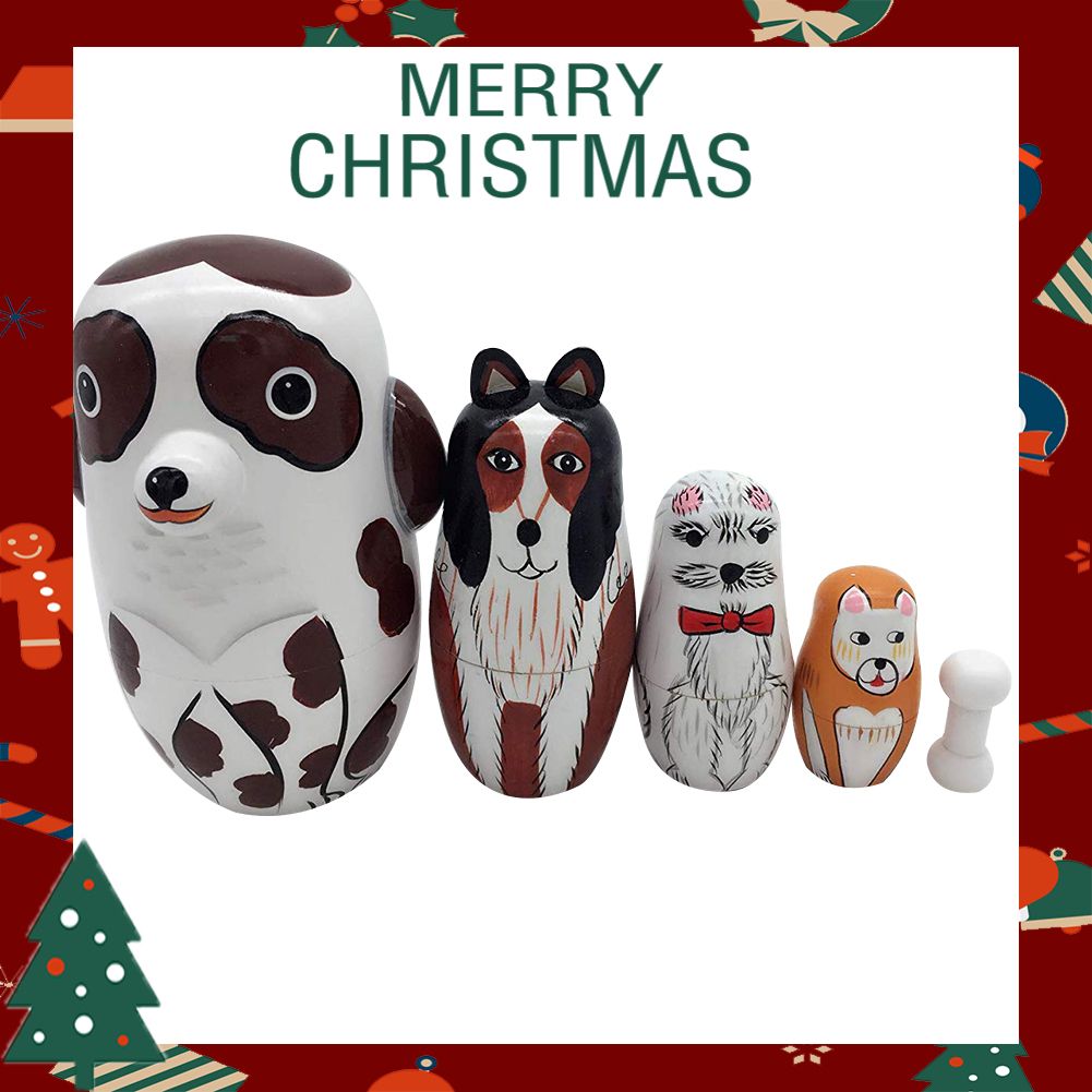 Greenhome 5Pcs/Set Hand Painted Dotted Dog Animal Nesting Dolls Matryoshka Figurines Toy