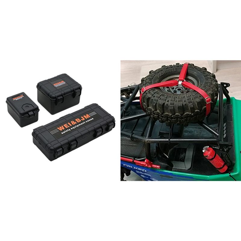 3Pcs Plastic Rc Car Storage Box Decoration Tool & 3Pcs RC Crawler Spare Tire Wheel Anti-Slip Belt for RC Car Traxxas