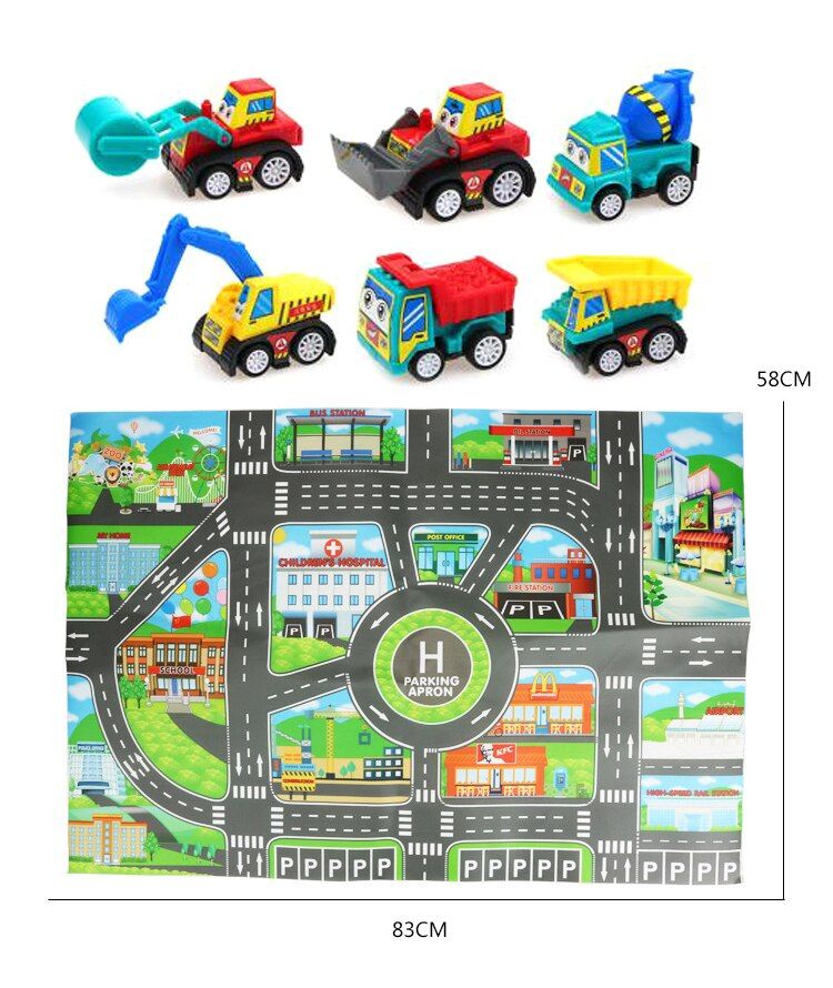 6pcs/bag Pull Back Car Toys with City Map Playing Mat Mini Cars Cartoon Pull Back Bus Truck Toys For Children Boy Gifts GYH
